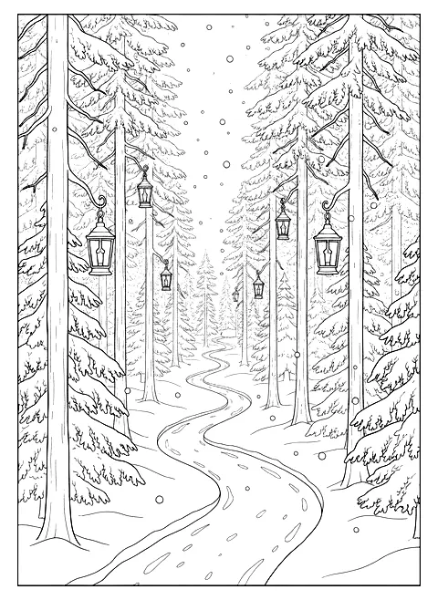 Snowy forest path coloring page for adults: a path through a snowy forest with lanterns and tall pines, black line art