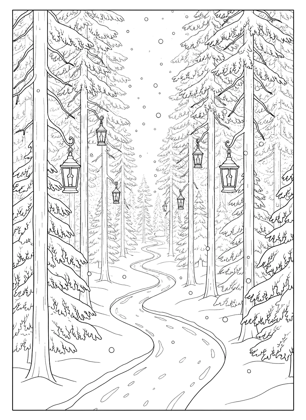 Snowy forest path coloring page for adults: a path through a snowy forest with lanterns and tall pines, black line art