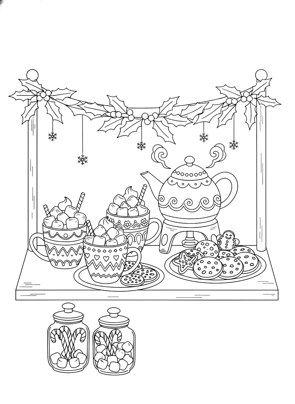 Hot cocoa bar coloring page for adults: a hot cocoa bar with mugs, marshmallows, a kettle, cookies and garland, black line art