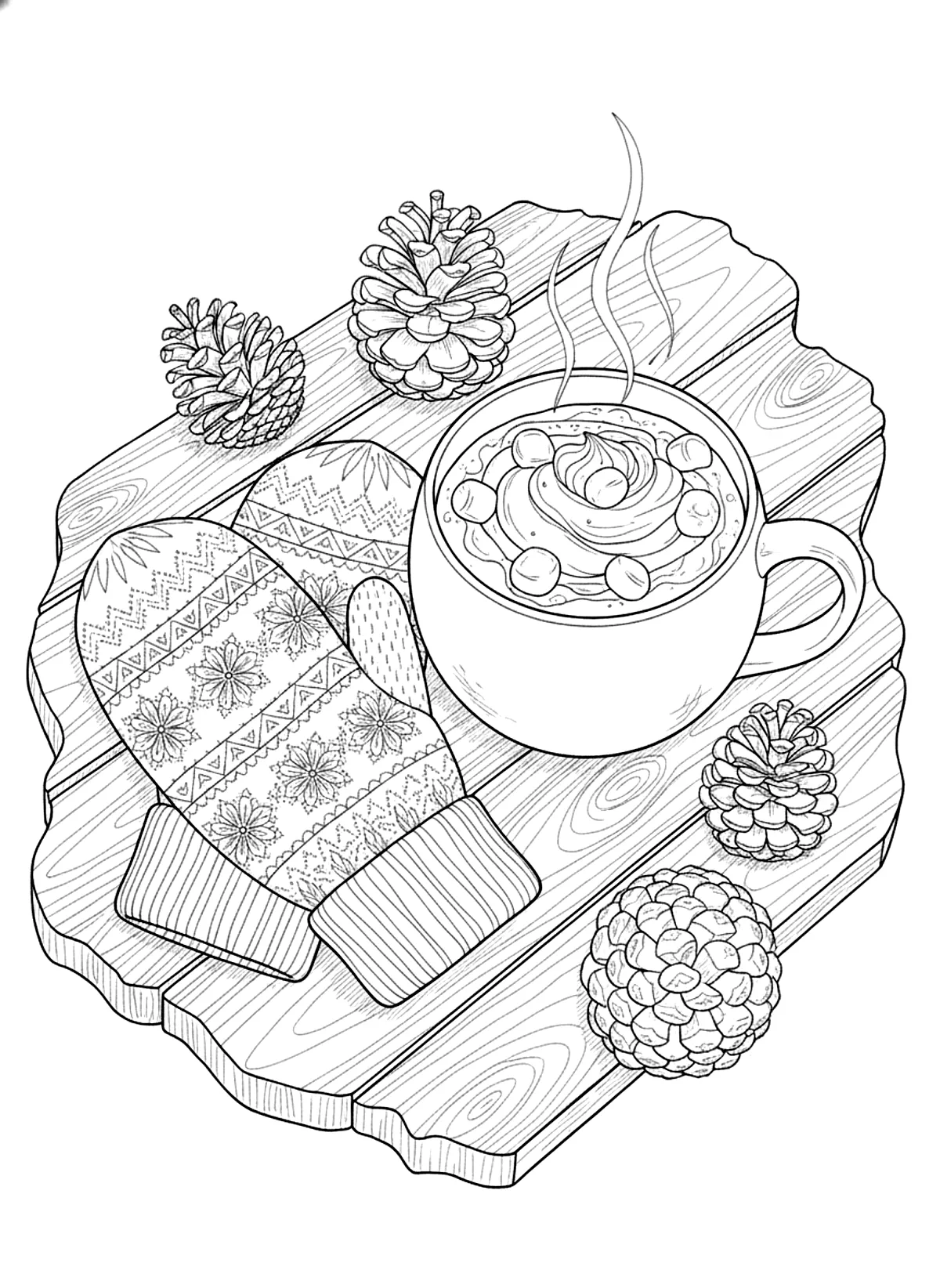 Mittens and hot cocoa coloring page for adults: a pair of patterned knitted mittens, a mug of hot cocoa and pine cones on a wooden table, black line art