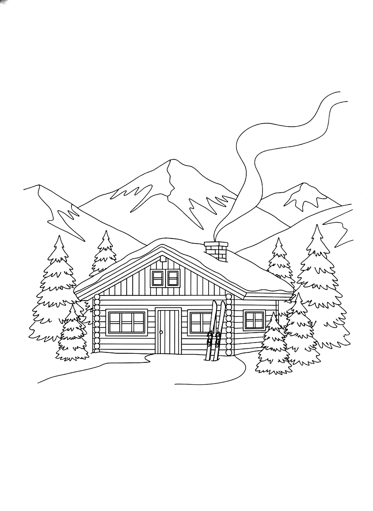 Mountain chalet coloring page for adults: a wooden chalet in the snowy mountains with pine trees, a smoking chimney and skis by the door, black line art
