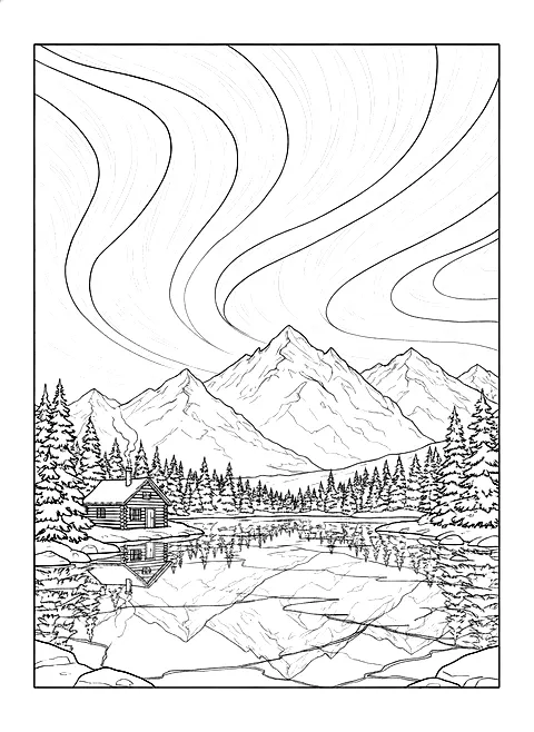 Northern lights over the lake coloring page for adults: northern lights over a frozen lake with mountains, pine trees and a small cabin, black line art