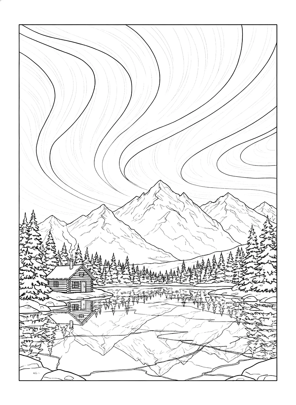 Northern lights over the lake coloring page for adults: northern lights over a frozen lake with mountains, pine trees and a small cabin, black line art