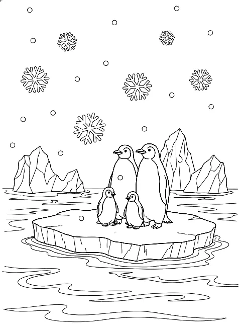 Penguin family on the ice coloring page for adults: a family of penguins on an ice floe with snowflakes and icebergs, black line art