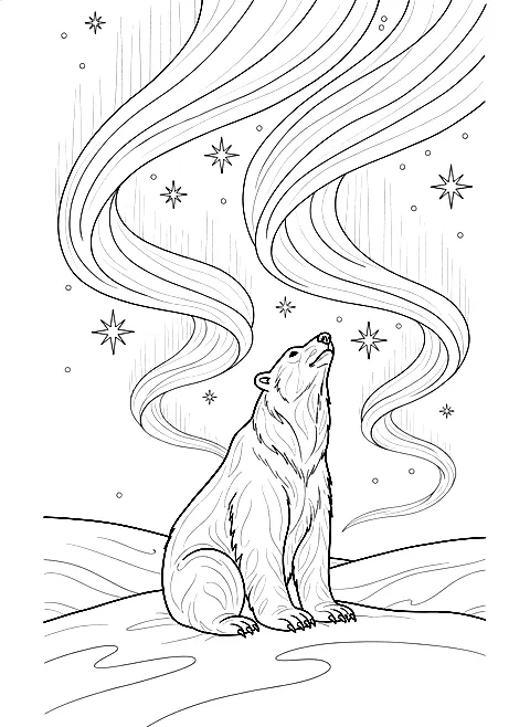 Polar bear and northern lights coloring page for adults: a polar bear on a snowy hill under swirling northern lights and stars, black line art