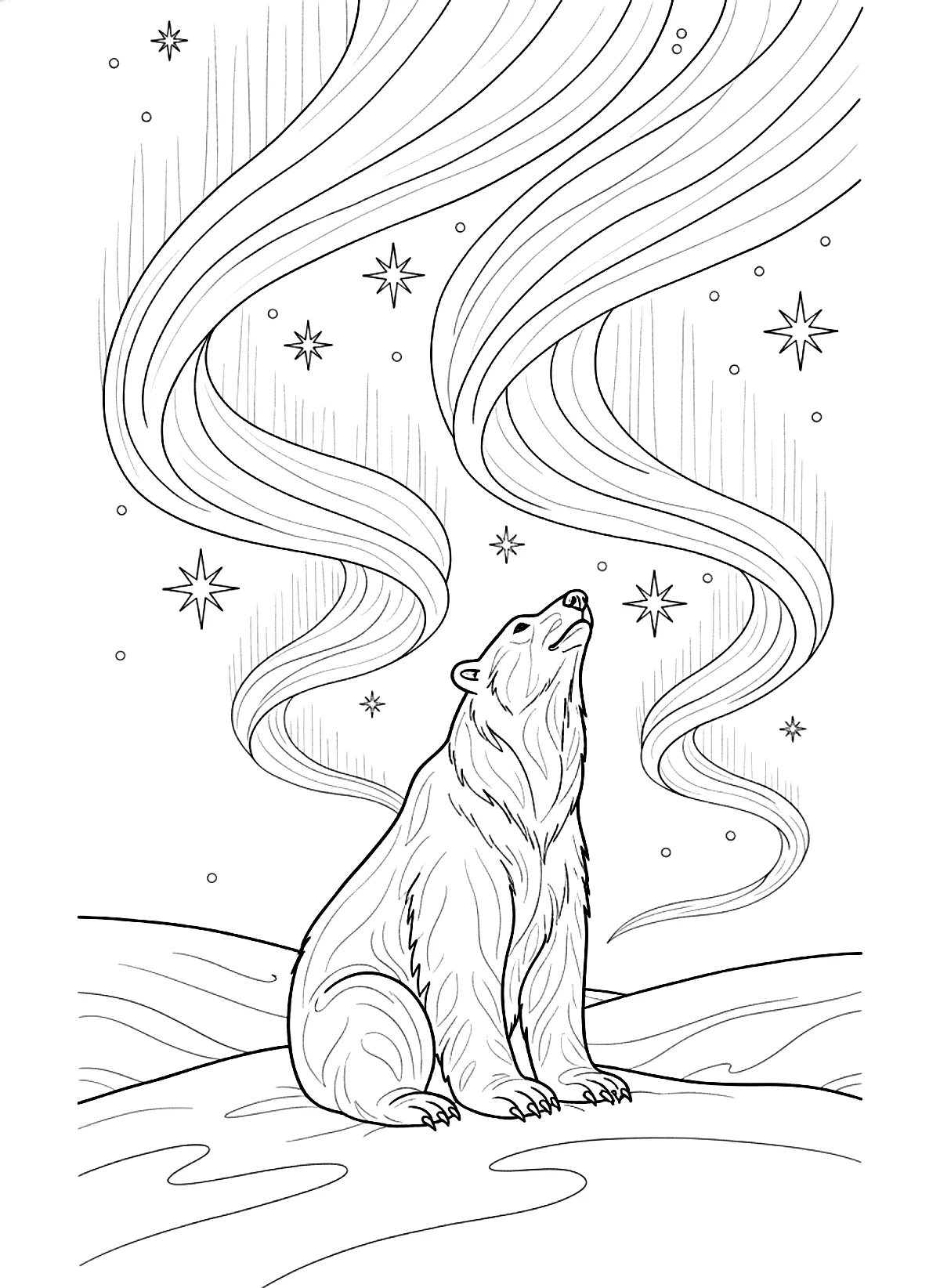 Polar bear and northern lights coloring page for adults: a polar bear on a snowy hill under swirling northern lights and stars, black line art