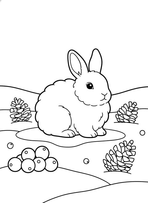 Winter rabbit in the snow coloring page for adults: a fluffy rabbit sitting in the snow among winter berries and pine cones, black line art