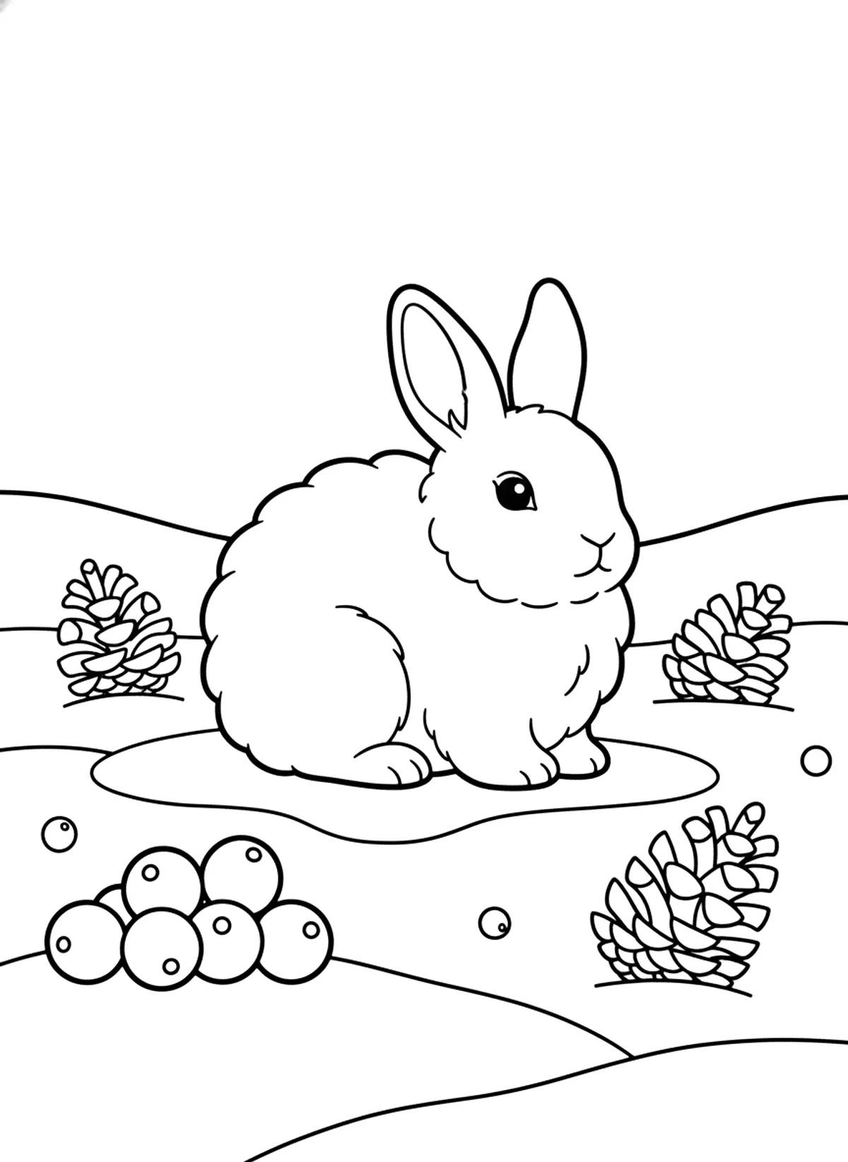 Winter rabbit in the snow coloring page for adults: a fluffy rabbit sitting in the snow among winter berries and pine cones, black line art