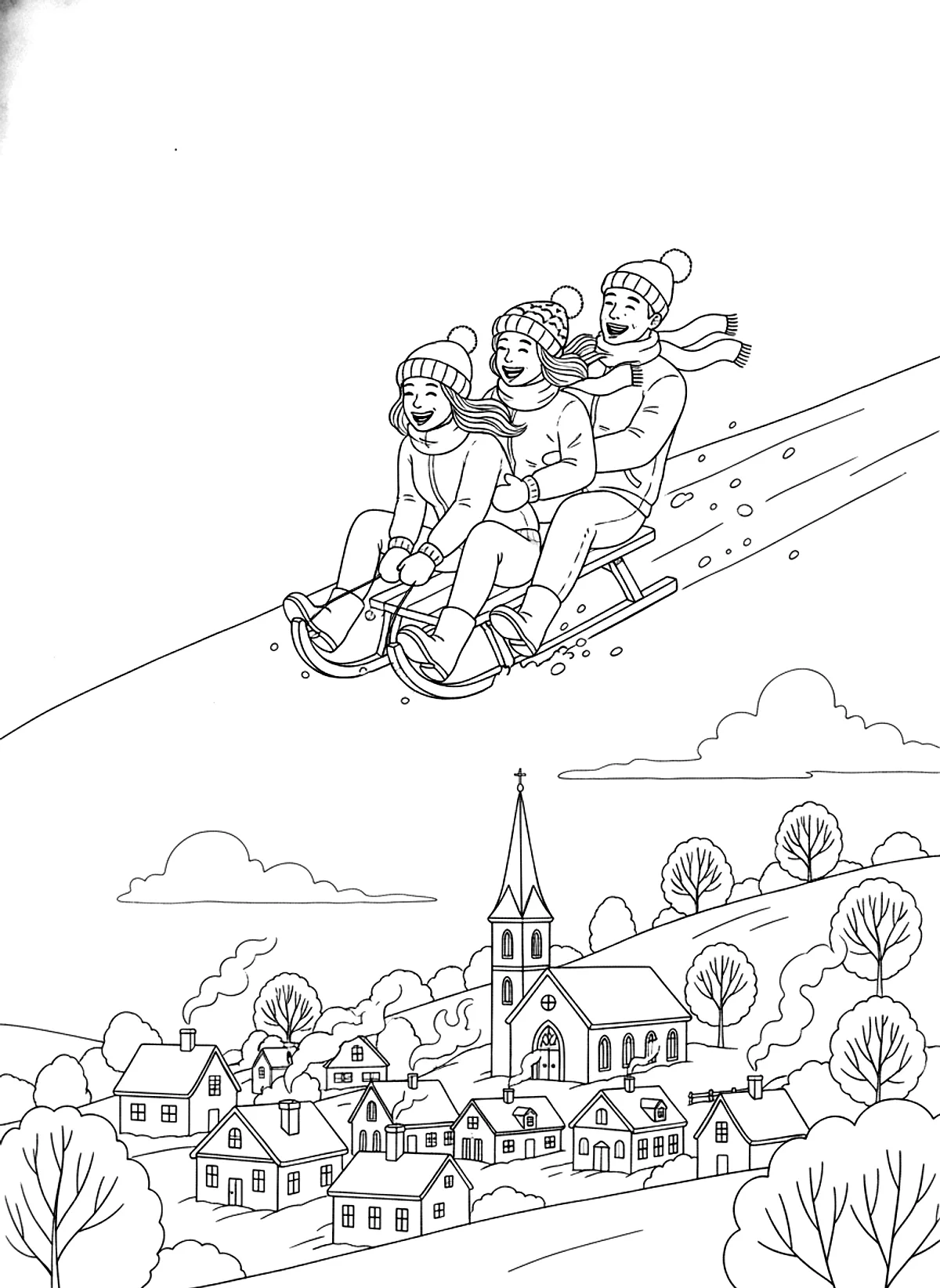 Sledding down the hill coloring page for adults: friends sledding down a snowy hill with a village and church below, black line art