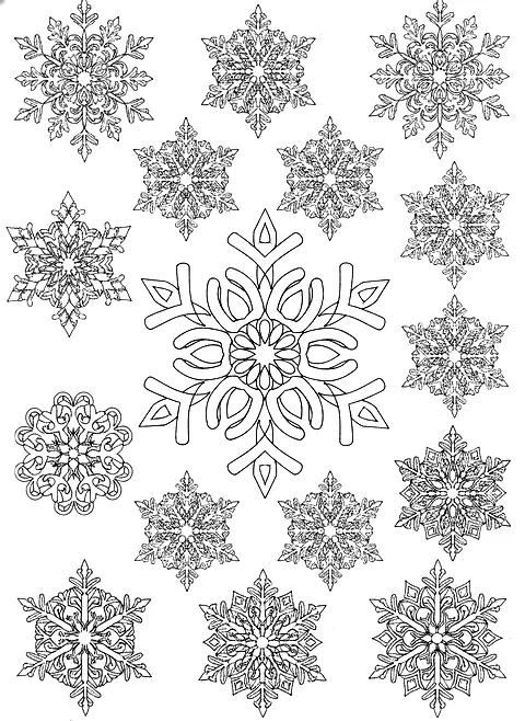 Snowflake pattern coloring page for adults: a page filled with large ornate snowflakes of different sizes, black line art