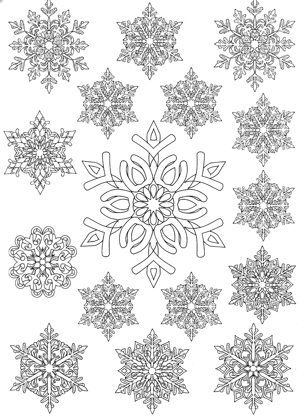 Snowflake pattern coloring page for adults: a page filled with large ornate snowflakes of different sizes, black line art