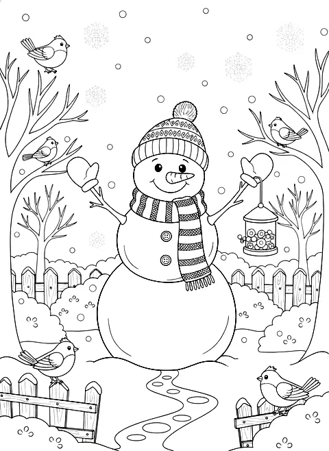 Snowman with a knitted scarf coloring page for adults: a cheerful snowman with a knitted scarf and hat in a snowy garden with birds, black line art