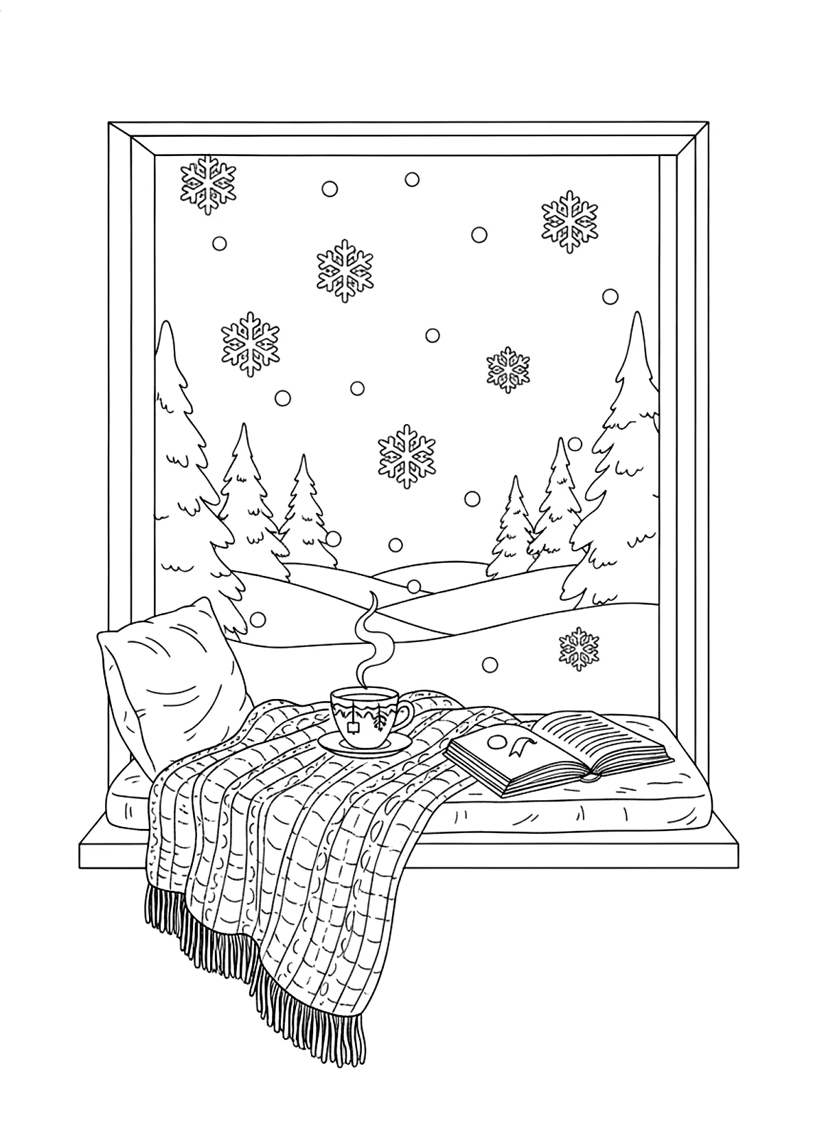 Tea by the snowy window coloring page for adults: a cup of tea, a book and a knitted blanket on a window seat with snow falling outside, black line art
