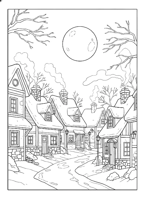 Winter village at night coloring page for adults: a quiet village street at night with snow-covered rooftops, chimneys and a full moon, black line art