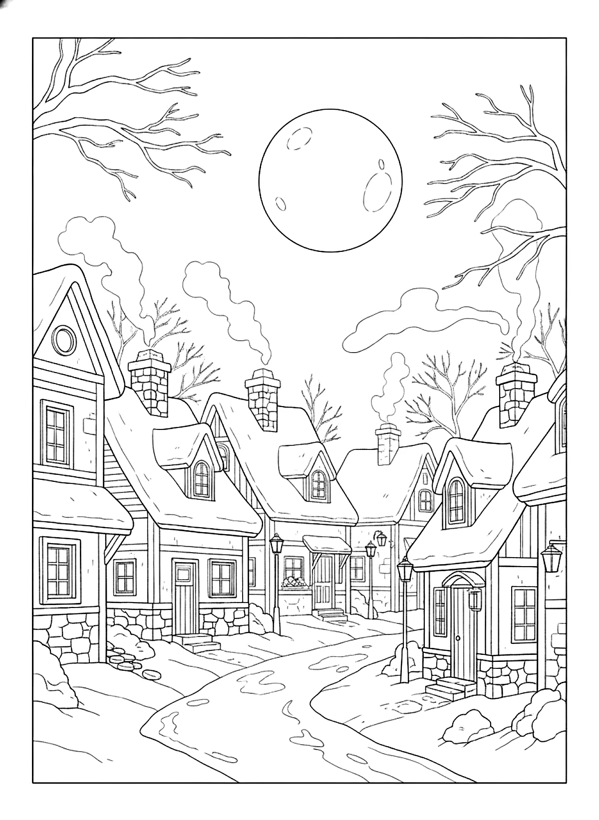 Winter village at night coloring page for adults: a quiet village street at night with snow-covered rooftops, chimneys and a full moon, black line art