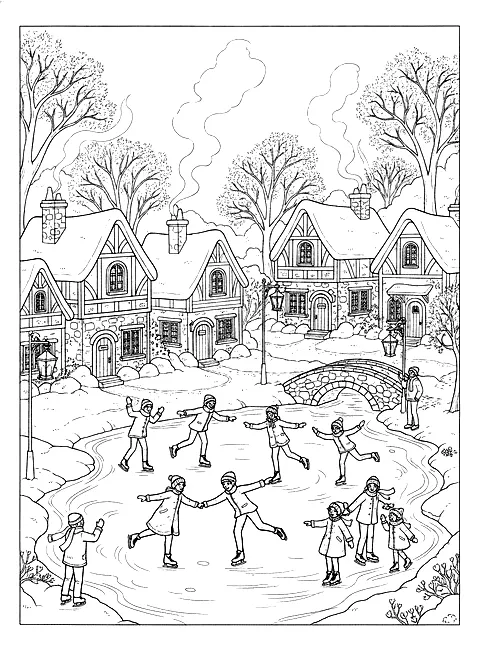 Ice skating on the village pond coloring page for adults: people ice skating on a frozen village pond with snowy cottages and lanterns, black line art
