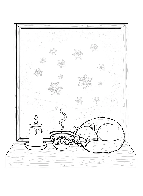 Frosty window with a candle coloring page for adults: a frosty window with snowflakes, a candle, a teacup and a sleeping cat on the sill, black line art