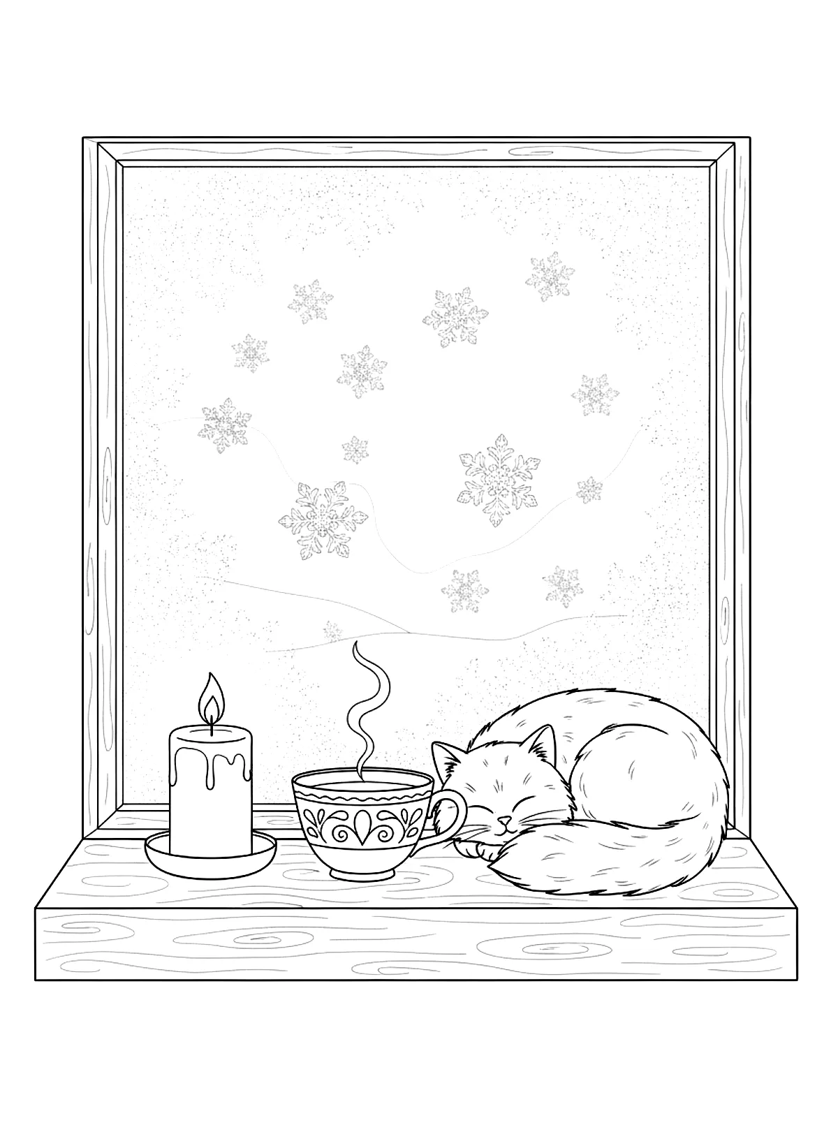 Frosty window with a candle coloring page for adults: a frosty window with snowflakes, a candle, a teacup and a sleeping cat on the sill, black line art