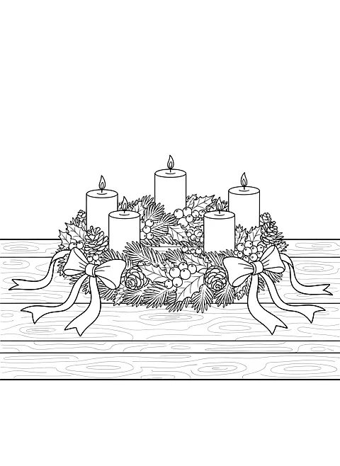 Advent wreath with candles coloring page for adults: an advent wreath with four candles, pine branches, berries and ribbons on a table, black line art