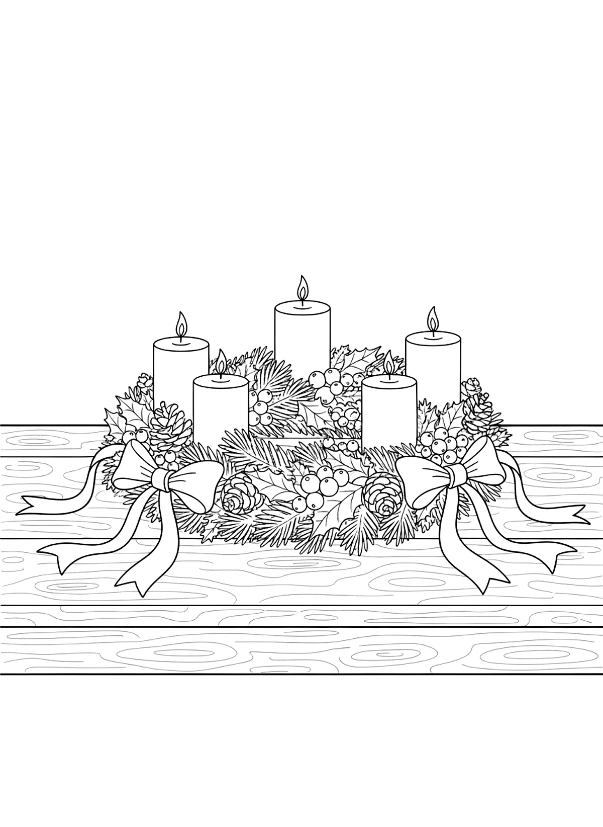 Advent wreath with candles coloring page for adults: an advent wreath with four candles, pine branches, berries and ribbons on a table, black line art