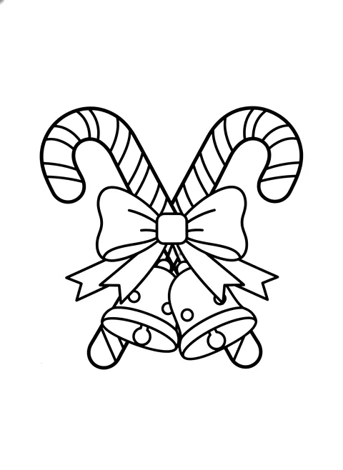 Bold candy canes and bells coloring page for adults: two big simple candy canes crossed with a bow and two bells, black line art