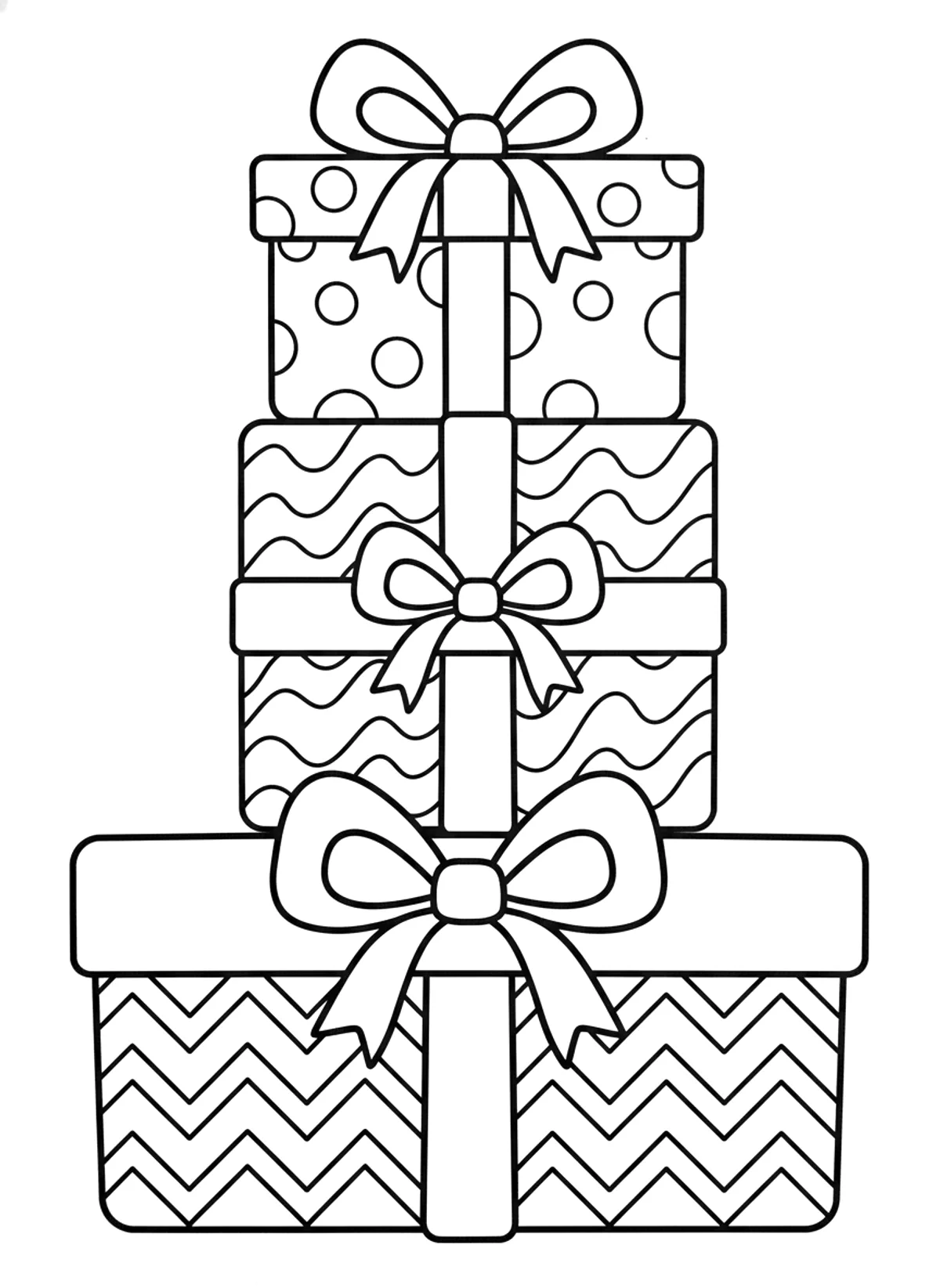 Bold stack of gifts coloring page for adults: a stack of three wrapped presents with big bows and simple patterns, black line art