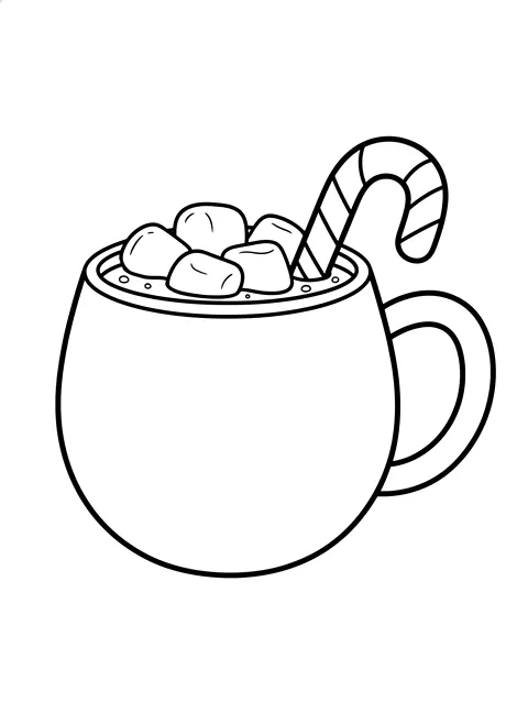 Bold cocoa mug coloring page for adults: a big simple mug of cocoa with marshmallows and a candy cane, black line art