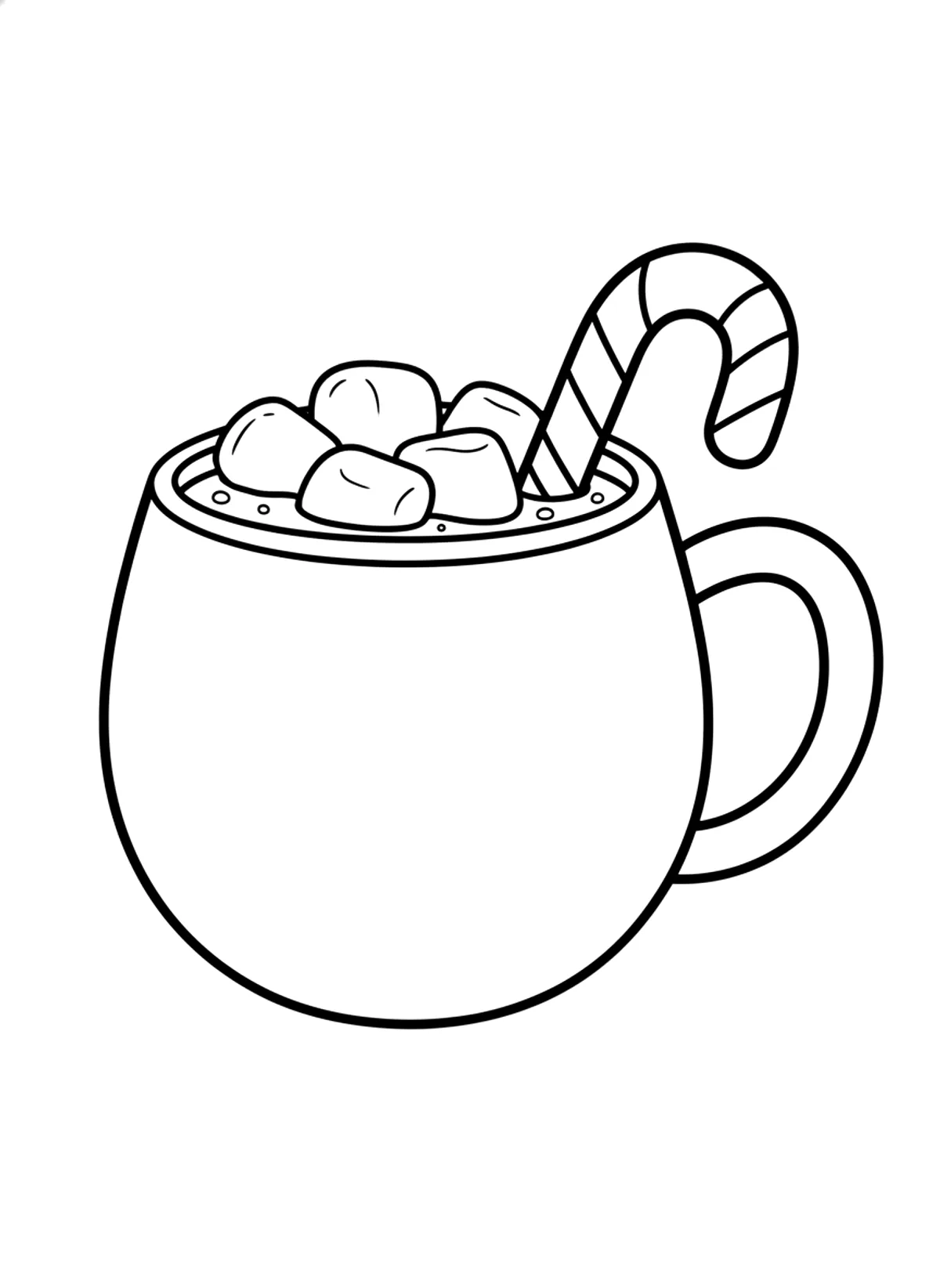 Bold cocoa mug coloring page for adults: a big simple mug of cocoa with marshmallows and a candy cane, black line art