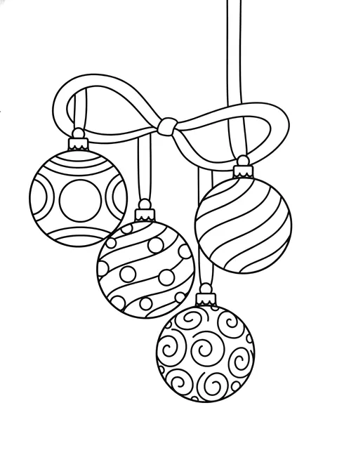 Bold Christmas ornaments coloring page for adults: four big round Christmas ornaments with simple patterns hanging from a ribbon, black line art