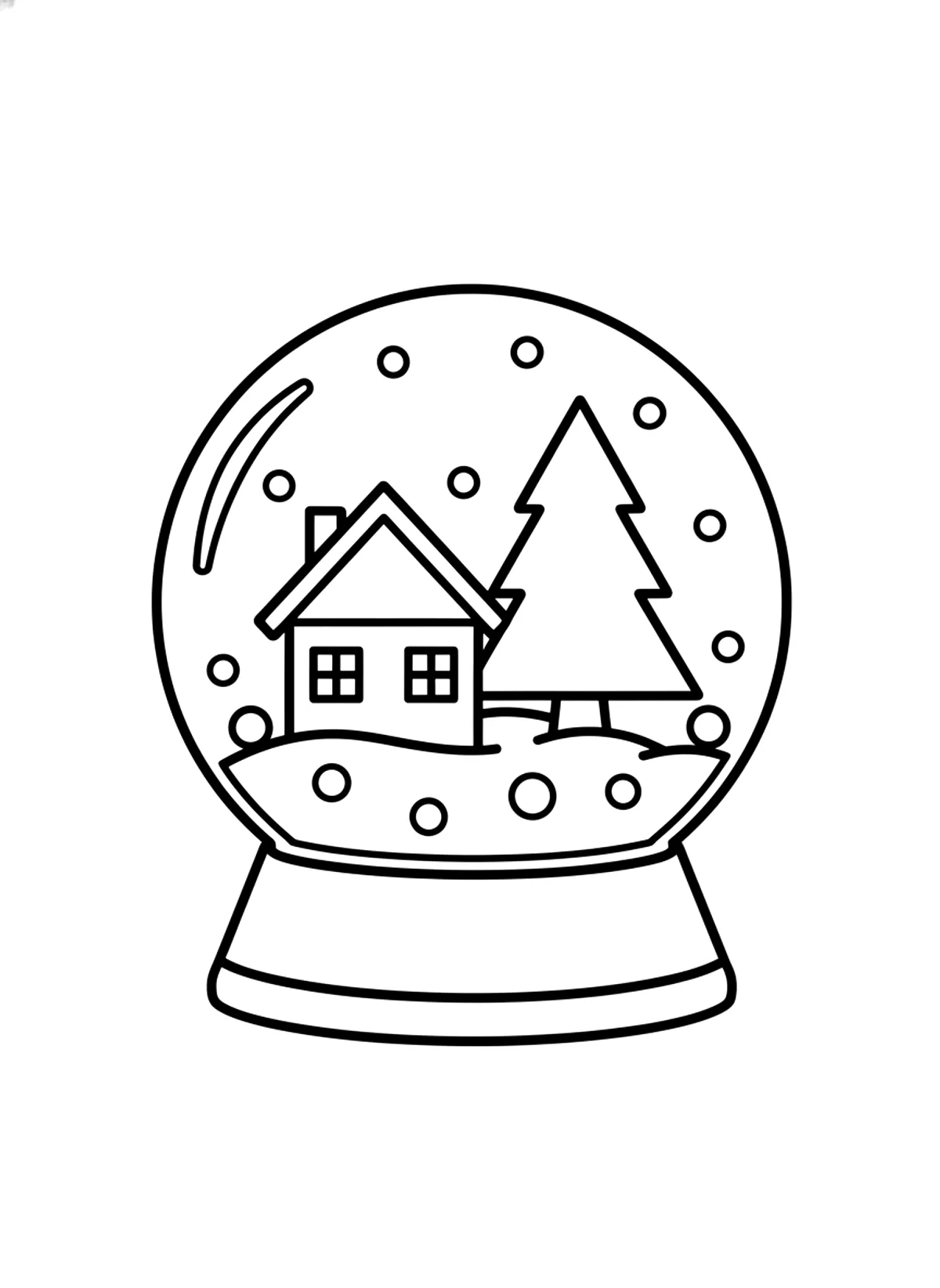 Bold snow globe coloring page for adults: a simple snow globe with a small house and a pine tree inside, thick outlines, black line art