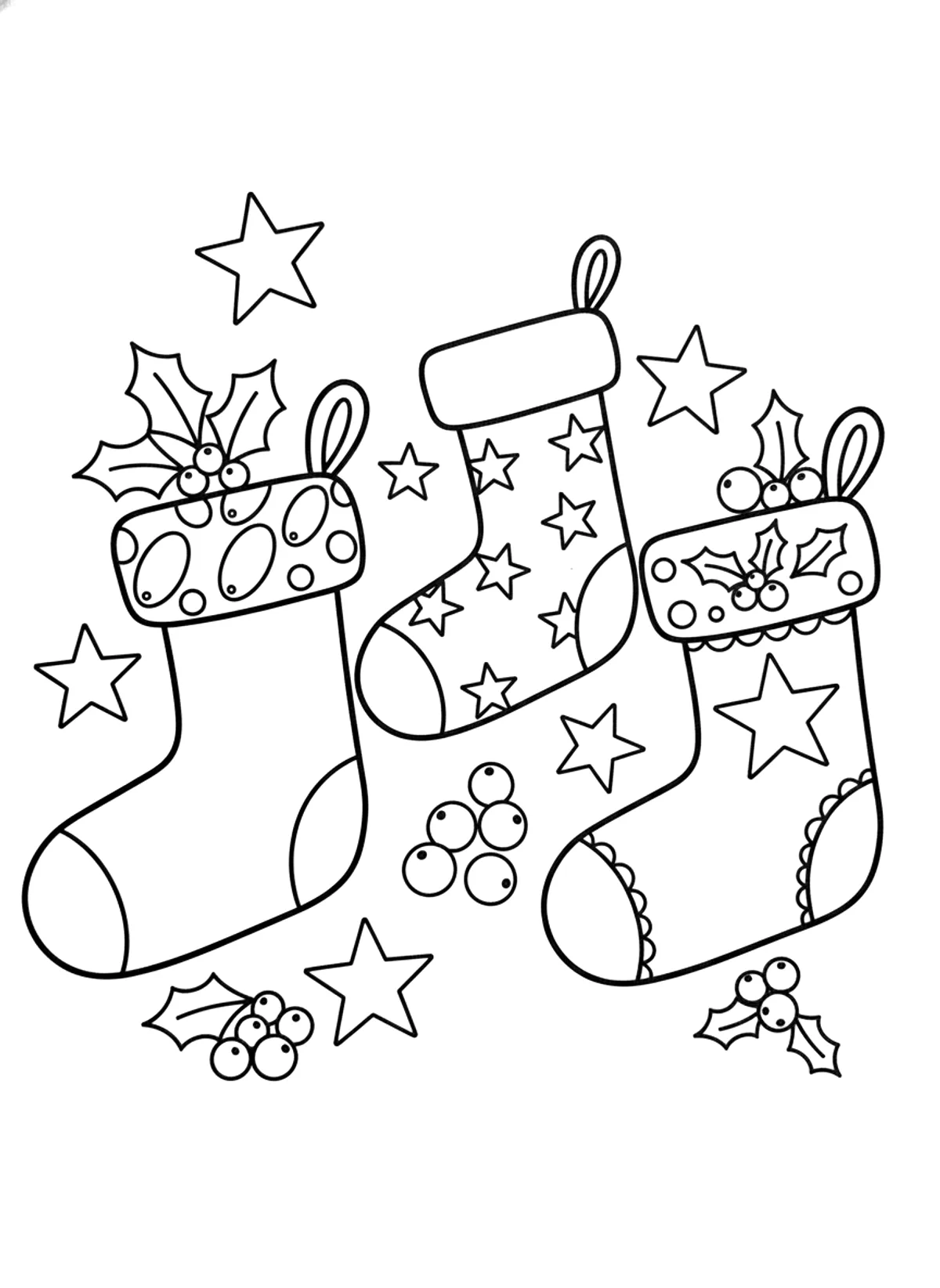 Bold Christmas stockings coloring page for adults: three christmas stockings hanging with stars and holly, black line art