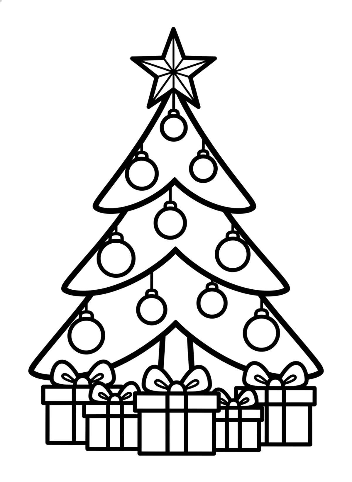 Bold Christmas tree coloring page for adults: a simple Christmas tree with big round ornaments, a star on top and three presents, black line art