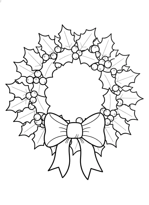 Bold Christmas wreath coloring page for adults: a simple Christmas wreath with big leaves, berries and a large bow, black line art