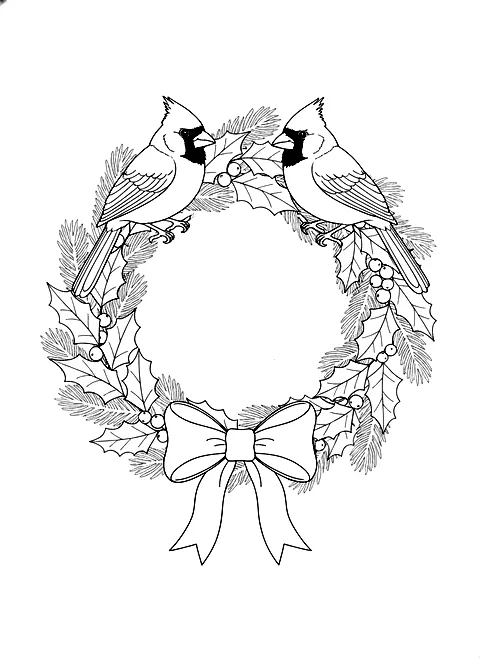 Cardinals on a holly wreath coloring page for adults: two cardinal birds perched on a holly and pine wreath with a bow, black line art
