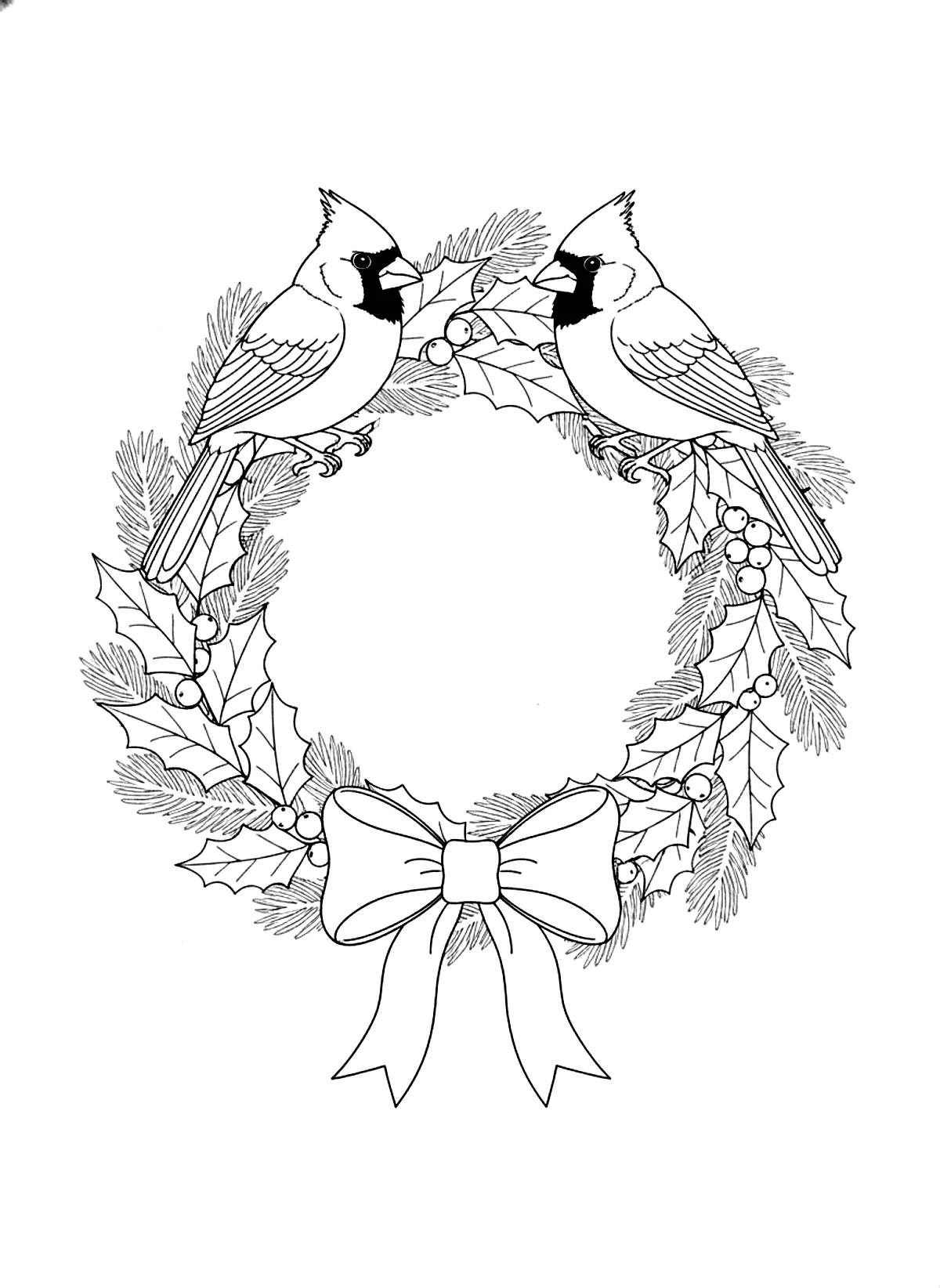 Cardinals on a holly wreath coloring page for adults: two cardinal birds perched on a holly and pine wreath with a bow, black line art