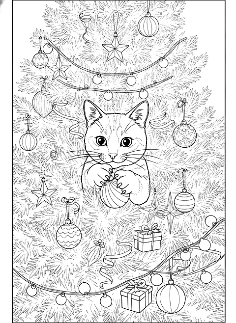 Cat in the Christmas tree coloring page for adults: a playful cat peeking out of a decorated Christmas tree with ornaments and lights, black line art