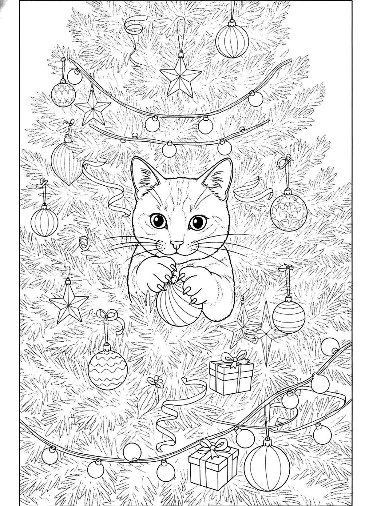 Cat in the Christmas tree coloring page for adults: a playful cat peeking out of a decorated Christmas tree with ornaments and lights, black line art