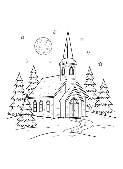 Little church in the snow coloring page for adults: a small white church with a steeple in a snowy landscape at dusk with pine trees, black line art