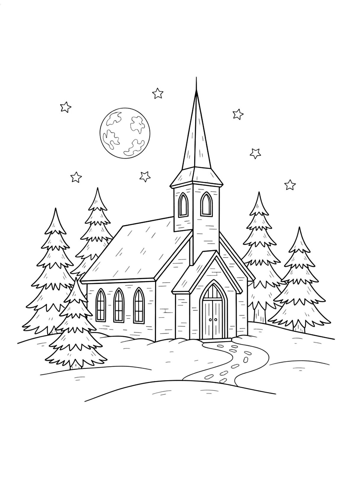 Little church in the snow coloring page for adults: a small white church with a steeple in a snowy landscape at dusk with pine trees, black line art