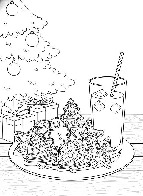 Christmas cookies by the tree coloring page for adults: a plate of decorated gingerbread and star cookies and a tall glass on a table by the Christmas tree, black line art