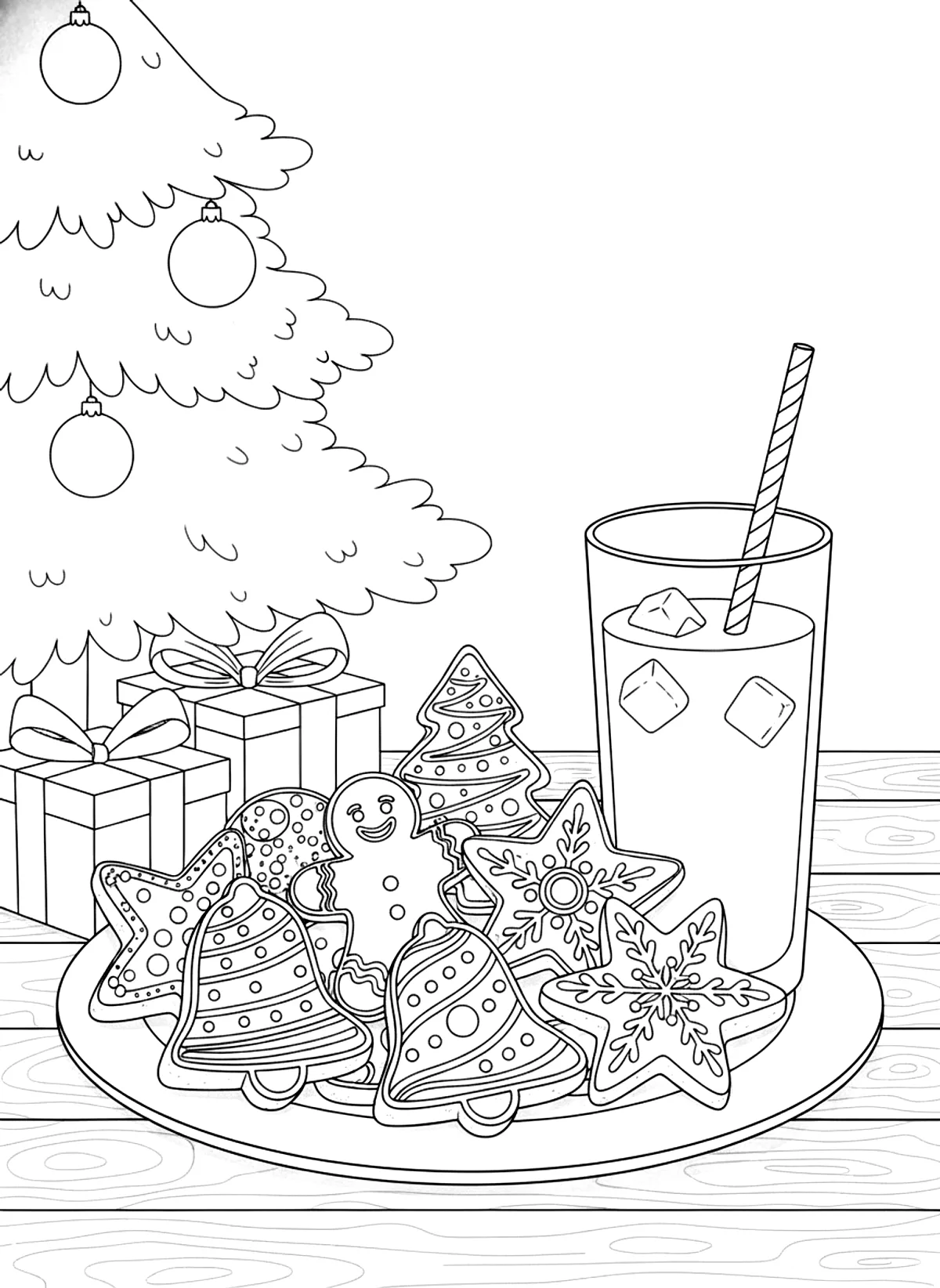 Christmas cookies by the tree coloring page for adults: a plate of decorated gingerbread and star cookies and a tall glass on a table by the Christmas tree, black line art