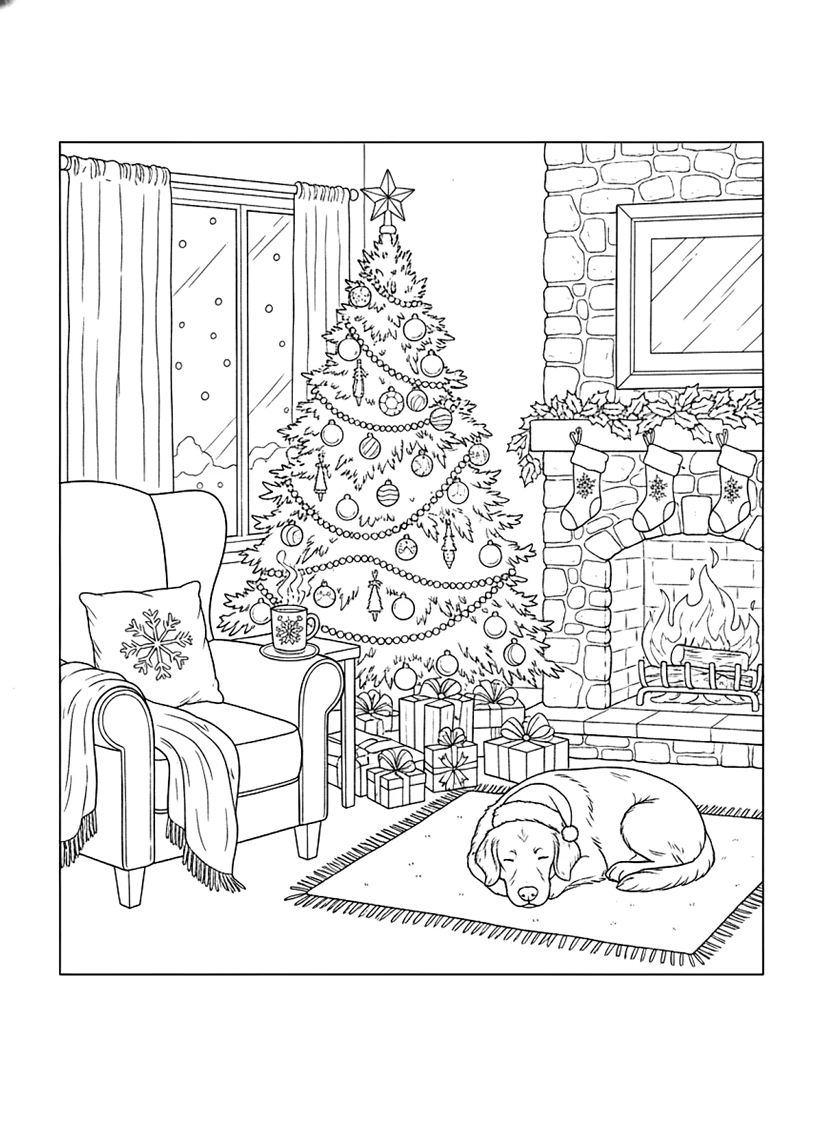 Cozy Christmas living room coloring page for adults: a cozy living room on Christmas Eve with a decorated tree, armchair, fireplace, gifts and a sleeping dog, black line art