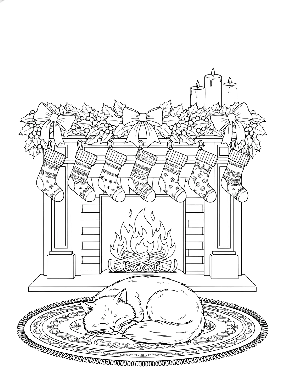 Stockings by the fireplace coloring page for adults: a cozy fireplace with hanging Christmas stockings, garland, candles and a sleeping cat on the rug, black line art