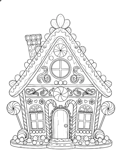 Gingerbread house coloring page for adults: a gingerbread house with candy decorations, icing and candy canes, black line art