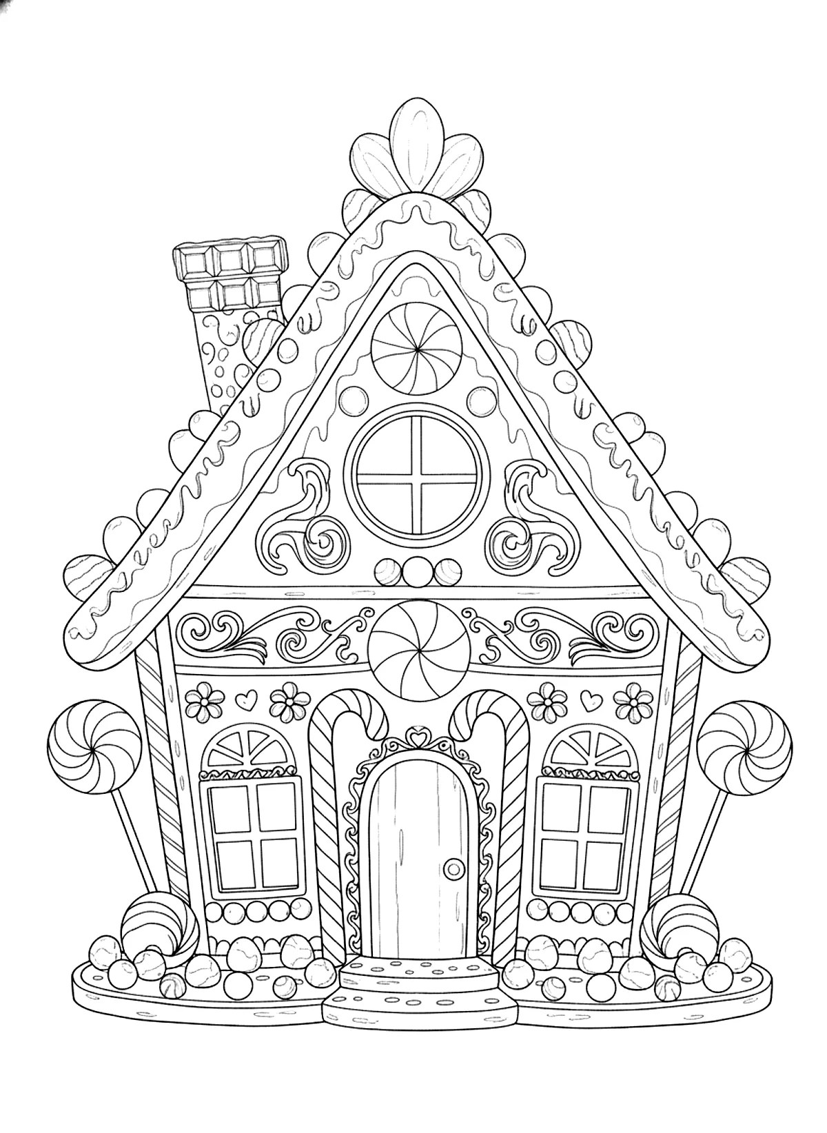 Gingerbread house coloring page for adults: a gingerbread house with candy decorations, icing and candy canes, black line art