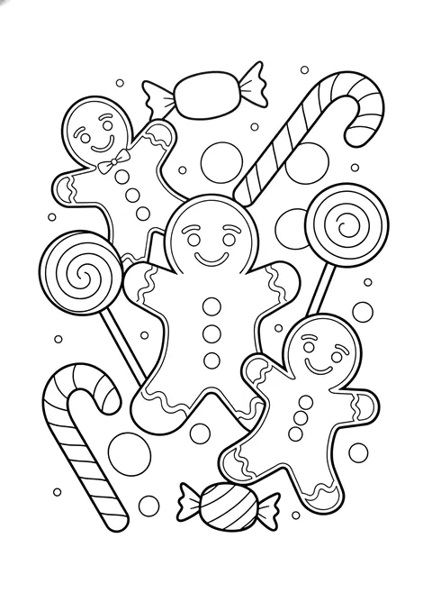 Gingerbread friends coloring page for adults: cute gingerbread people with icing buttons, candy canes and sweets around them, black line art