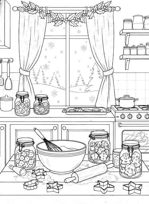 Christmas baking kitchen coloring page for adults: a cozy kitchen with Christmas baking, cookie cutters, a rolling pin, jars and a window with snow, black line art