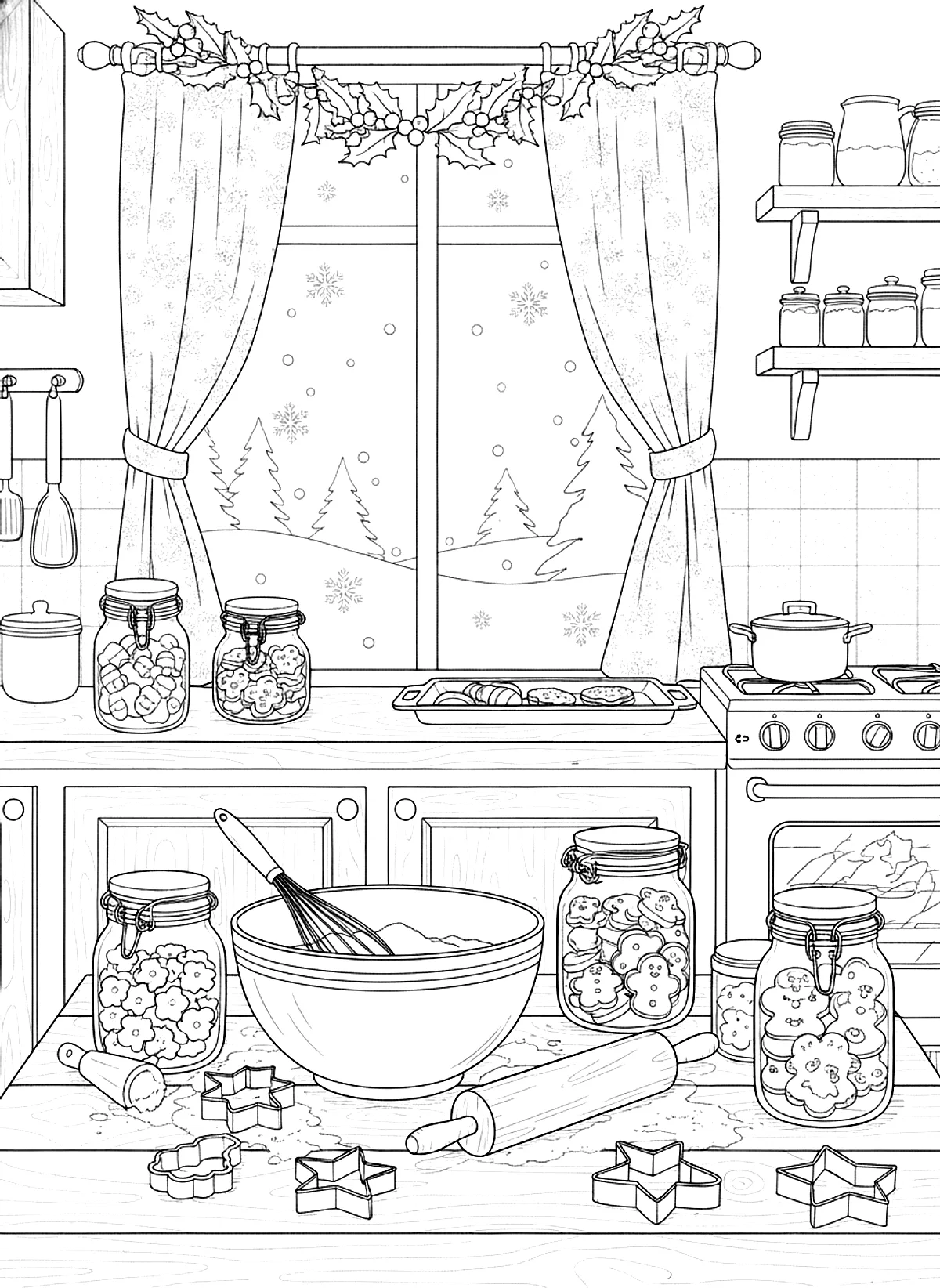 Christmas baking kitchen coloring page for adults: a cozy kitchen with Christmas baking, cookie cutters, a rolling pin, jars and a window with snow, black line art