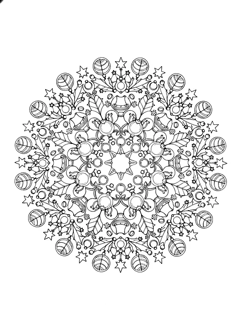 Christmas mandala coloring page for adults: a round mandala made of holly leaves, ornaments, stars, candy canes and snowflakes, black line art