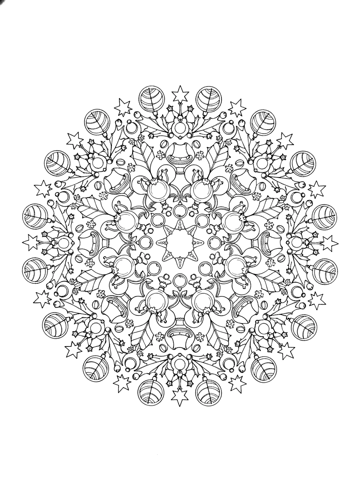 Christmas mandala coloring page for adults: a round mandala made of holly leaves, ornaments, stars, candy canes and snowflakes, black line art